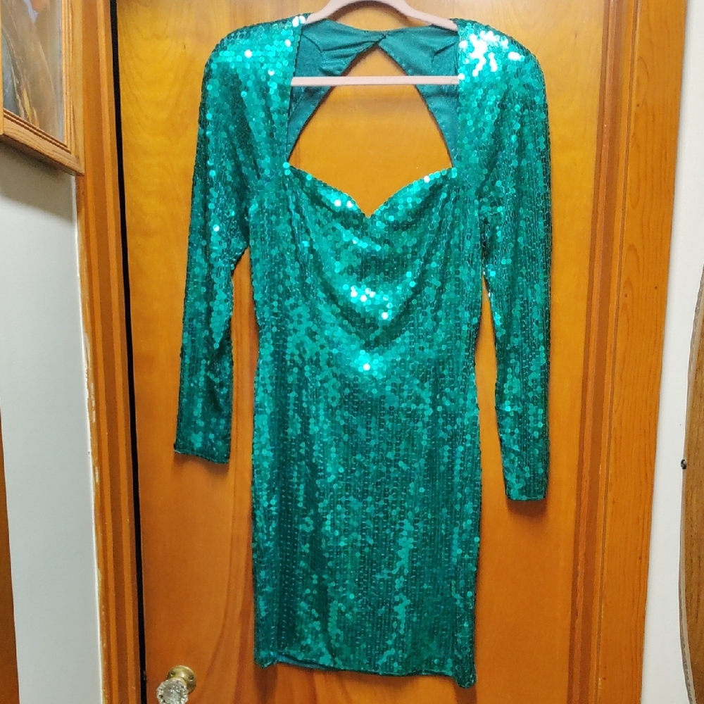 Niteline Teal Sequin Long Sleeve  Cocktail Dress